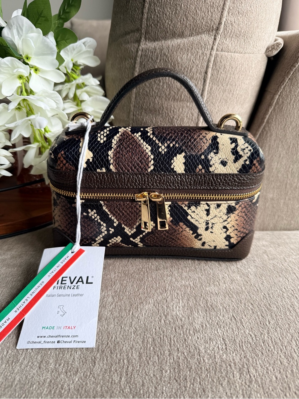 Firenze Leather Brown Snake-Print Top-Handle Vanity Case Bag NWT